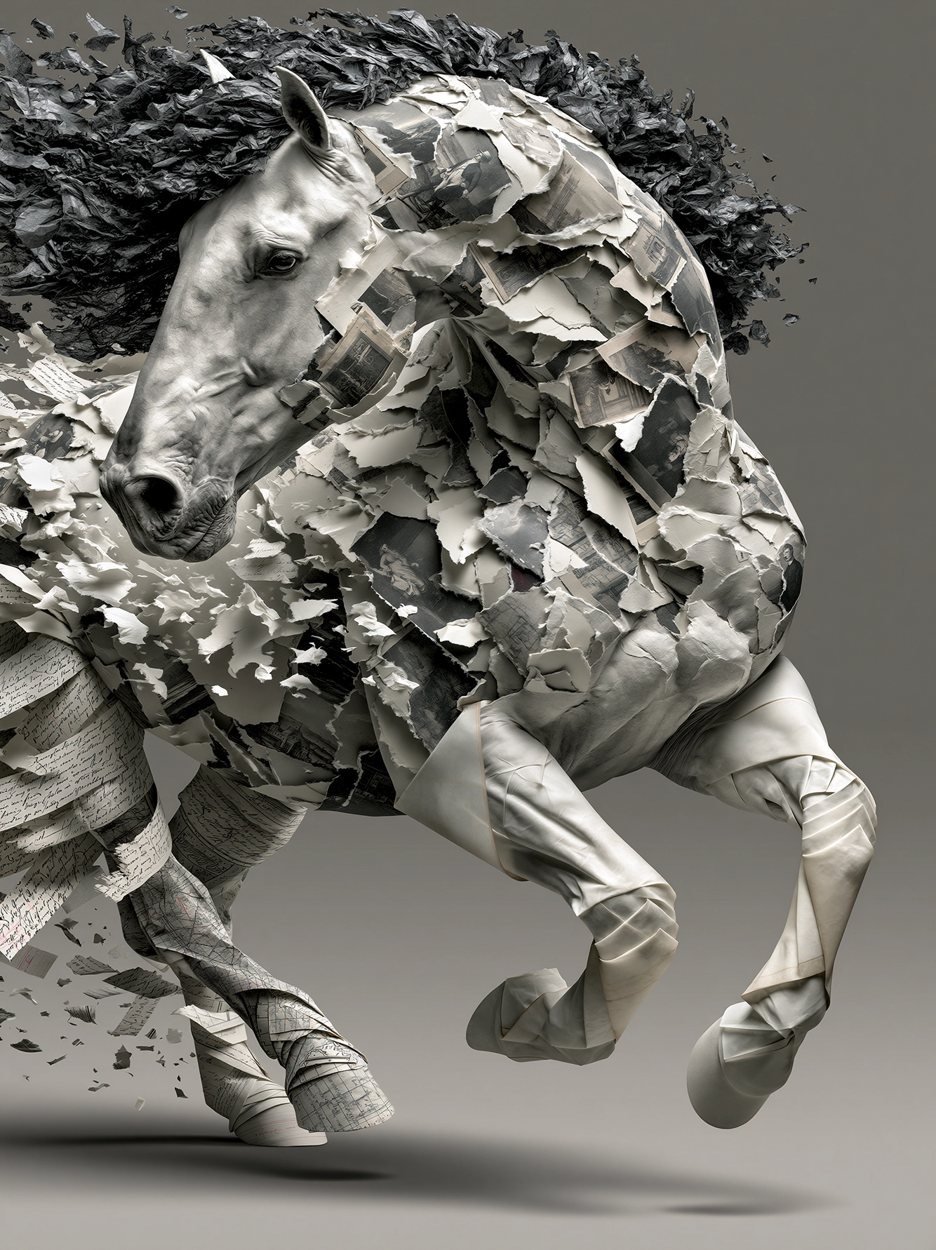 Éclats de Galop — cheval bondissant dont la silhouette se désagrège en fragments de papier, art mural premium