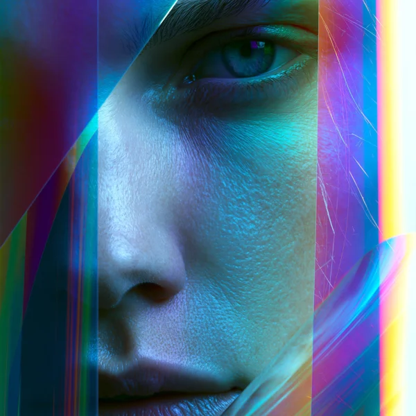Éclats de Néon — visage féminin encadré de fragments cyan, orange, violet et vert, art mural premium