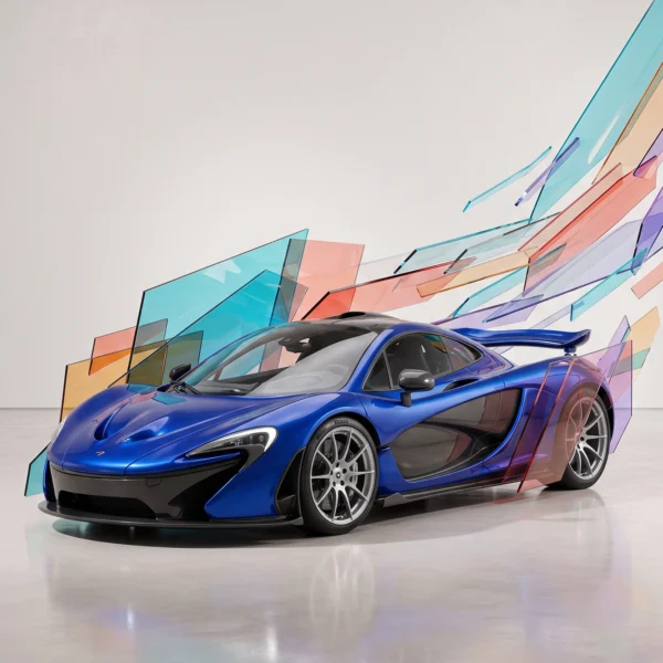 Élan Chromatique — McLaren P1 avec éclats géométriques translucides, lignes aérodynamiques, art mural premium