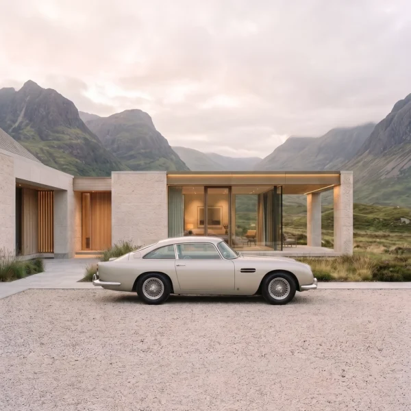 Élégance des Highlands — Aston Martin DB5 dans les paysages sauvages des Highlands, art mural premium