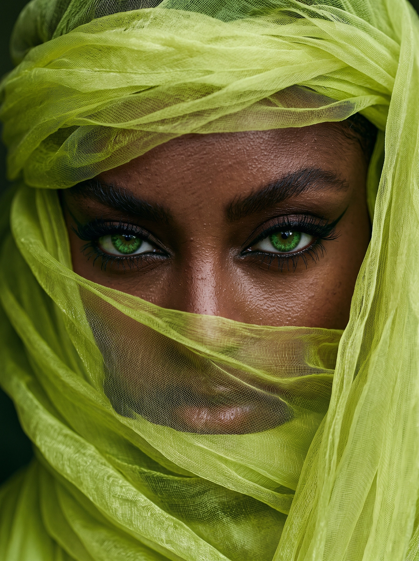 Émeraude Sacrée — regard vert hypnotique sous un voile émeraude aérien, collection Regards, art mural premium