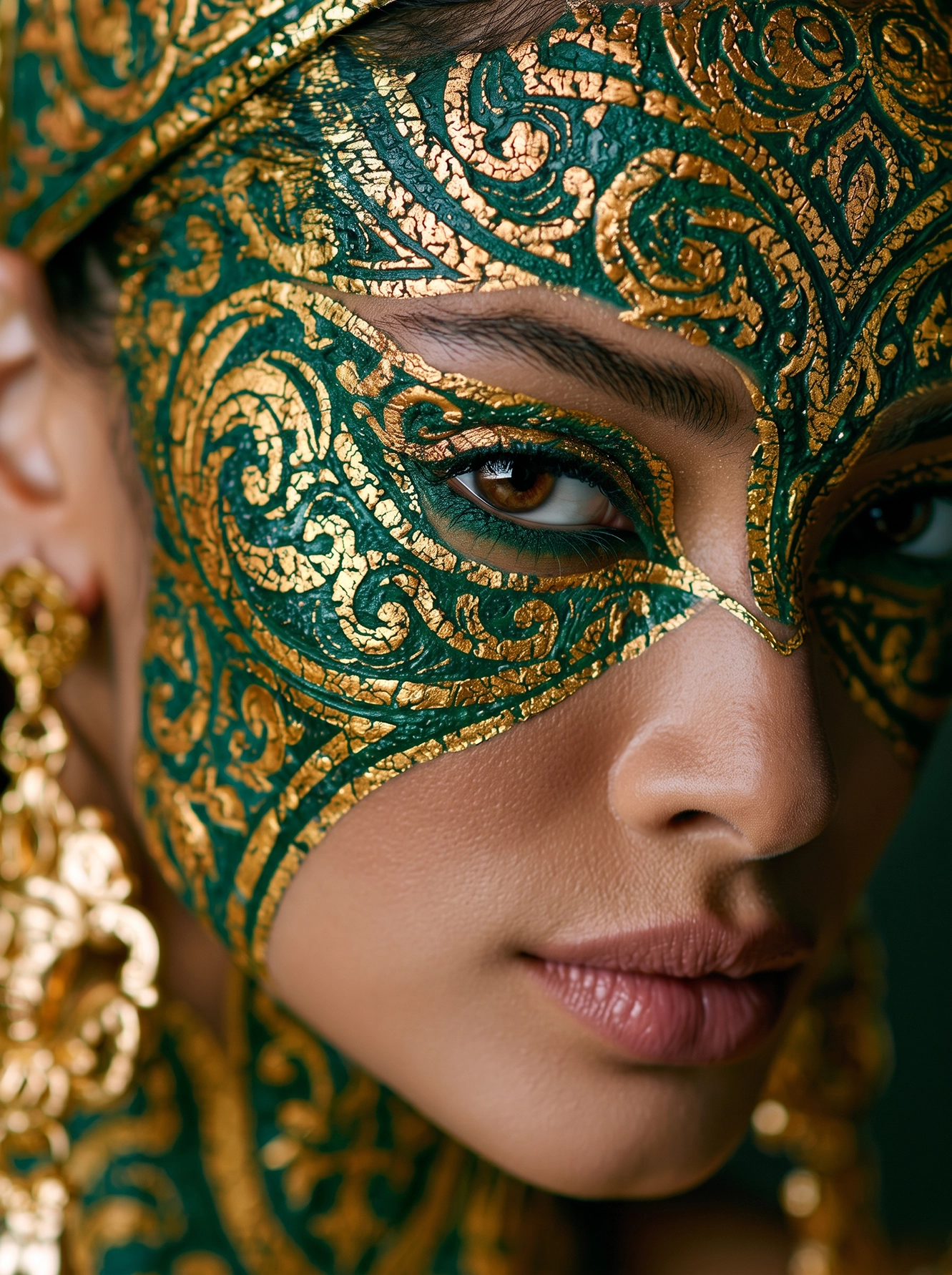Émeraude Vénitienne — masque de Venise aux arabesques dorées et nuances de vert profond, art mural premium