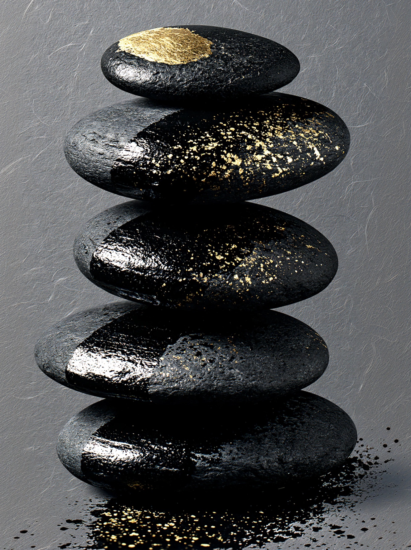 Équilibre Minéral — empilement de galets noirs aux reflets dorés, art mural premium