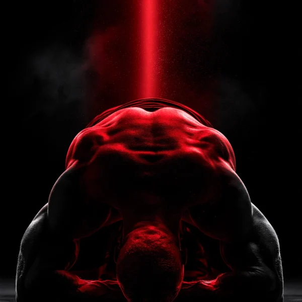 Étirement Post-Effort — silhouette musculaire penchée en avant en étirement profond, lumière rouge, art mural premium