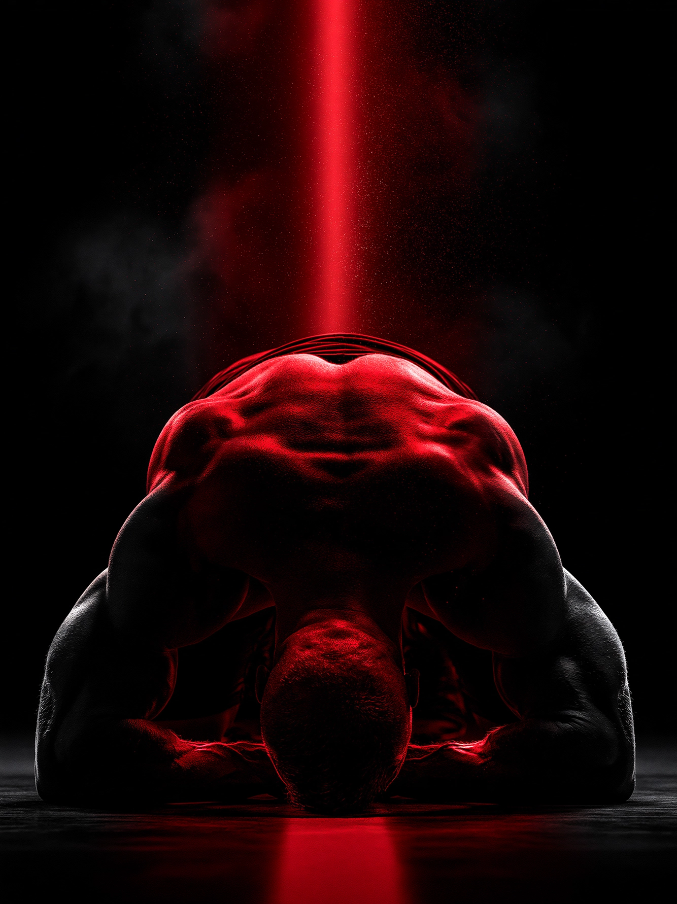 Étirement Post-Effort — silhouette musculaire penchée en avant en étirement profond, lumière rouge, art mural premium