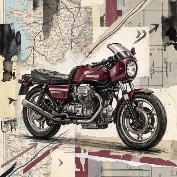 Évasion Mécanique — Moto Guzzi classique sur collage de cartes anciennes et plans techniques, art mural premium