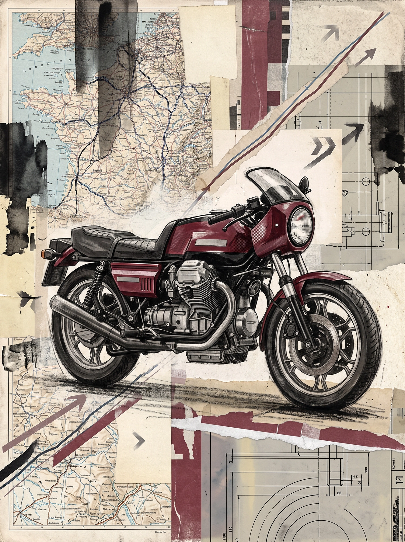 Évasion Mécanique — Moto Guzzi classique sur collage de cartes anciennes et plans techniques, art mural premium