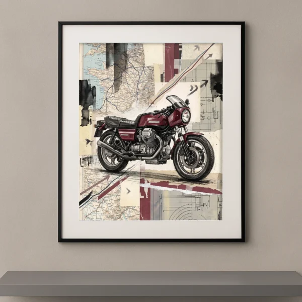 Tableau Évasion Mécanique représentant une Moto Guzzi classique sur un collage de cartes routières anciennes et de plans techniques dans un style vintage contemporain.