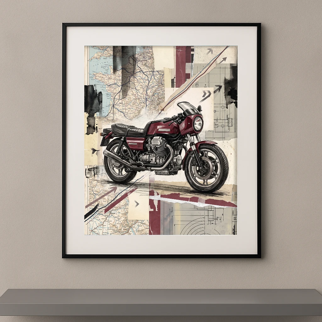 Tableau Évasion Mécanique représentant une Moto Guzzi classique sur un collage de cartes routières anciennes et de plans techniques dans un style vintage contemporain.