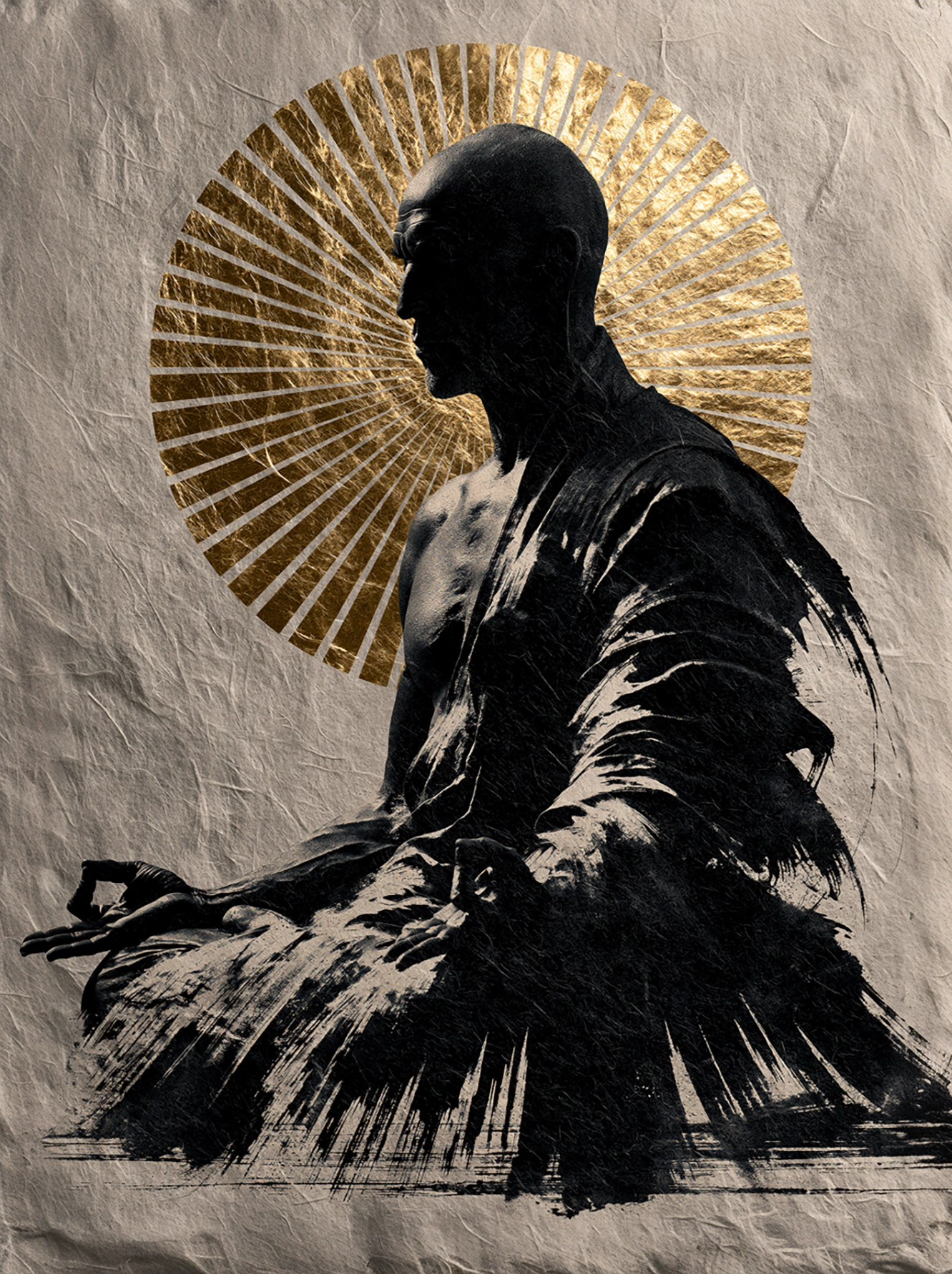 Éveil Intérieur — silhouette de moine en style sumi-e avec halo doré, art mural premium