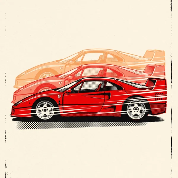 Évolution F40 — Ferrari F40 en trois silhouettes superposées, Pop Art, art mural premium