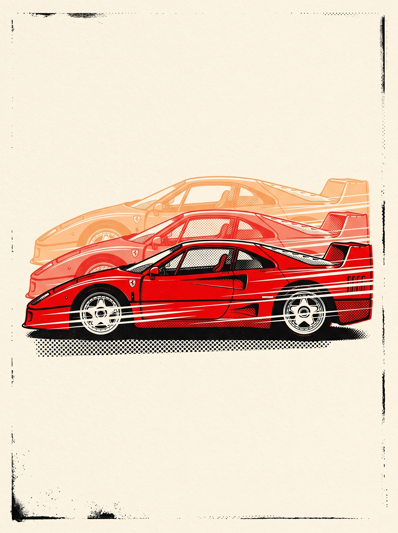 Évolution F40 — Ferrari F40 en trois silhouettes superposées, Pop Art, art mural premium