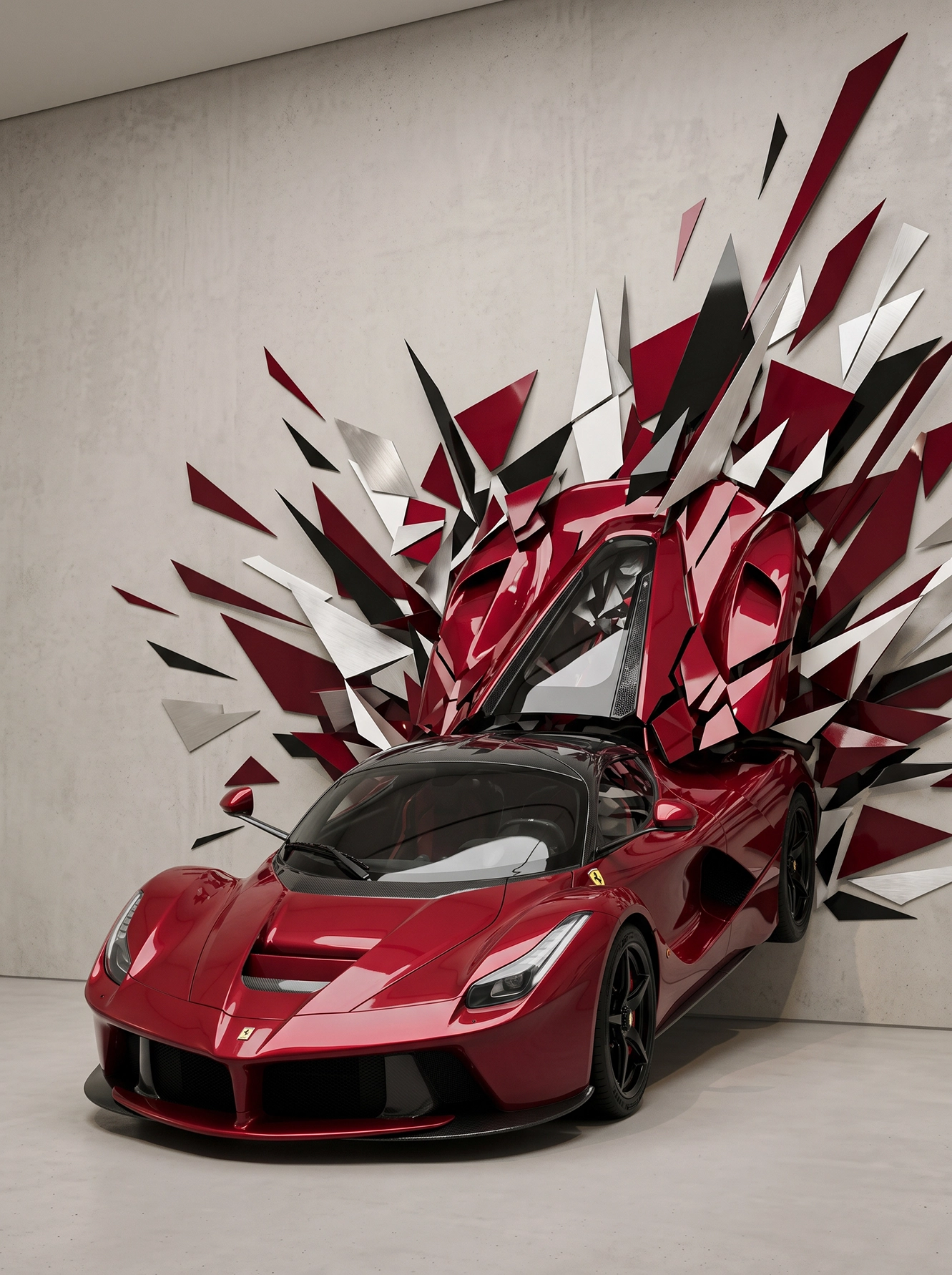 Explosion LaFerrari — Ferrari LaFerrari avec éclats géométriques explosant en arrière-plan, art mural premium