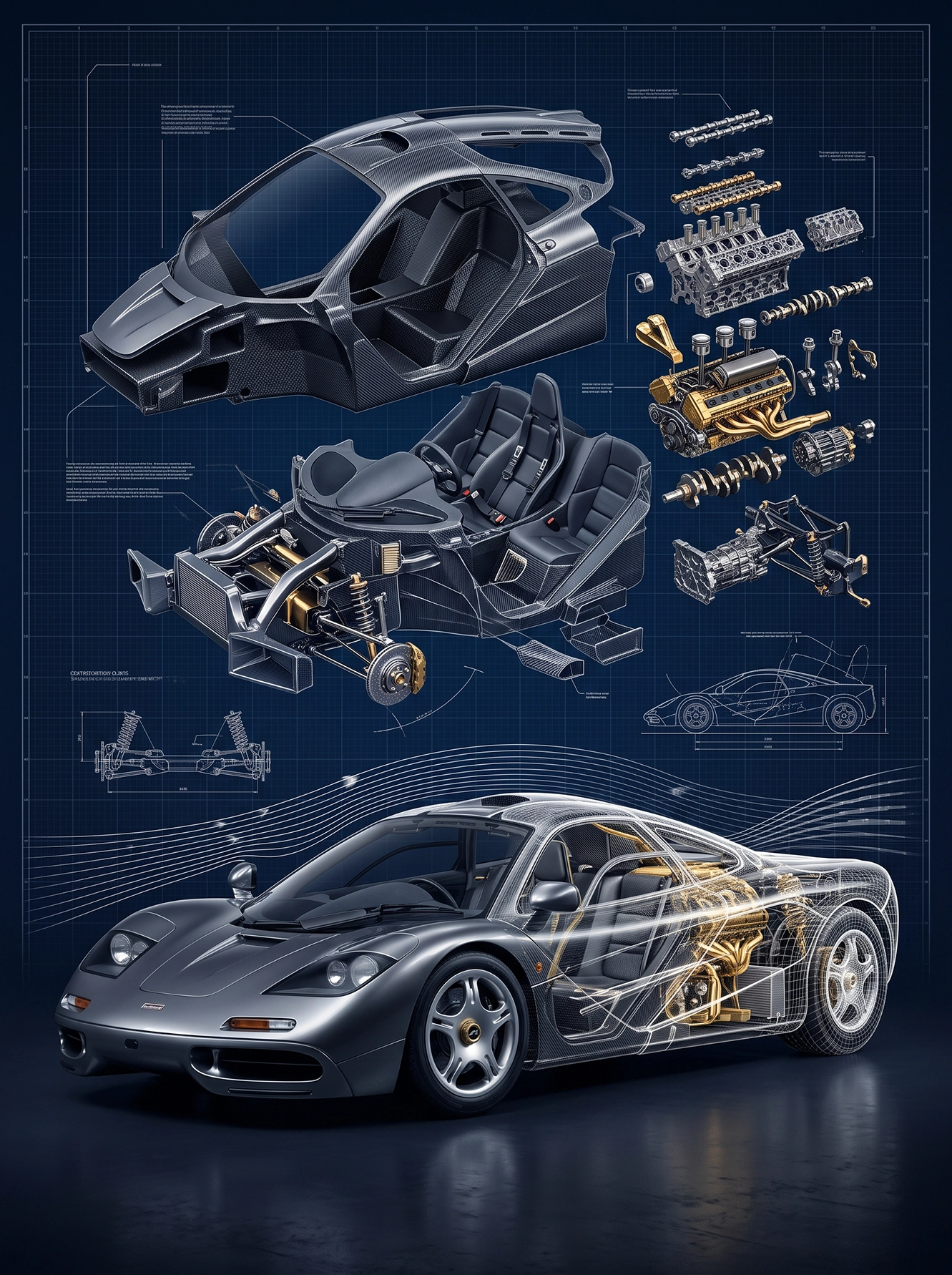 F1 Engineering — McLaren F1, monocoque carbone et V12 BMW en plans techniques, art mural premium