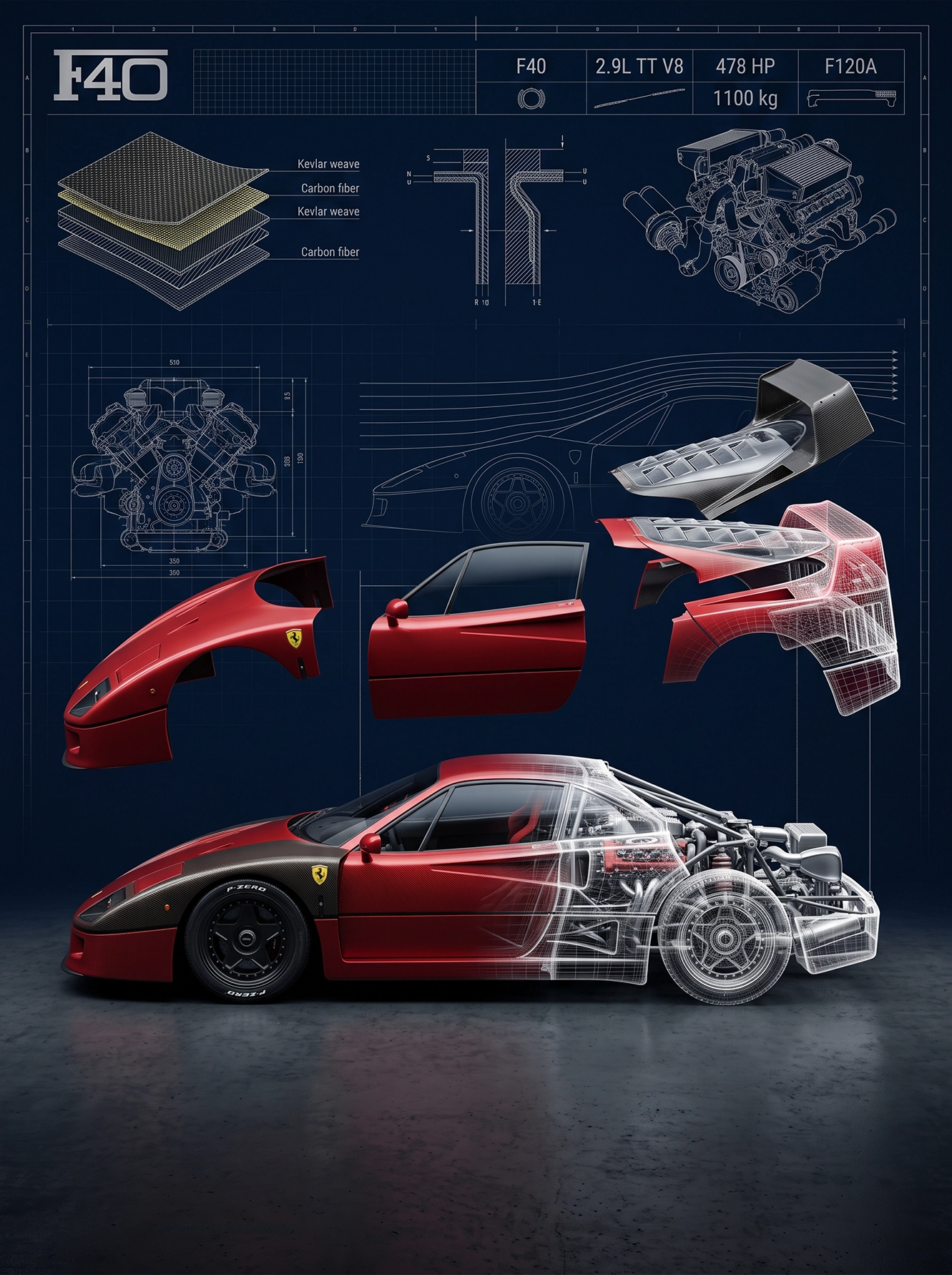 F40 Blueprint — Ferrari F40 en vue éclatée technique, fibre de carbone et plans techniques, art mural premium