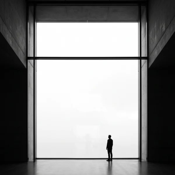 Face au Vide — minuscule silhouette face à une architecture monumentale et une ouverture blanche, noir et blanc, art mural premium
