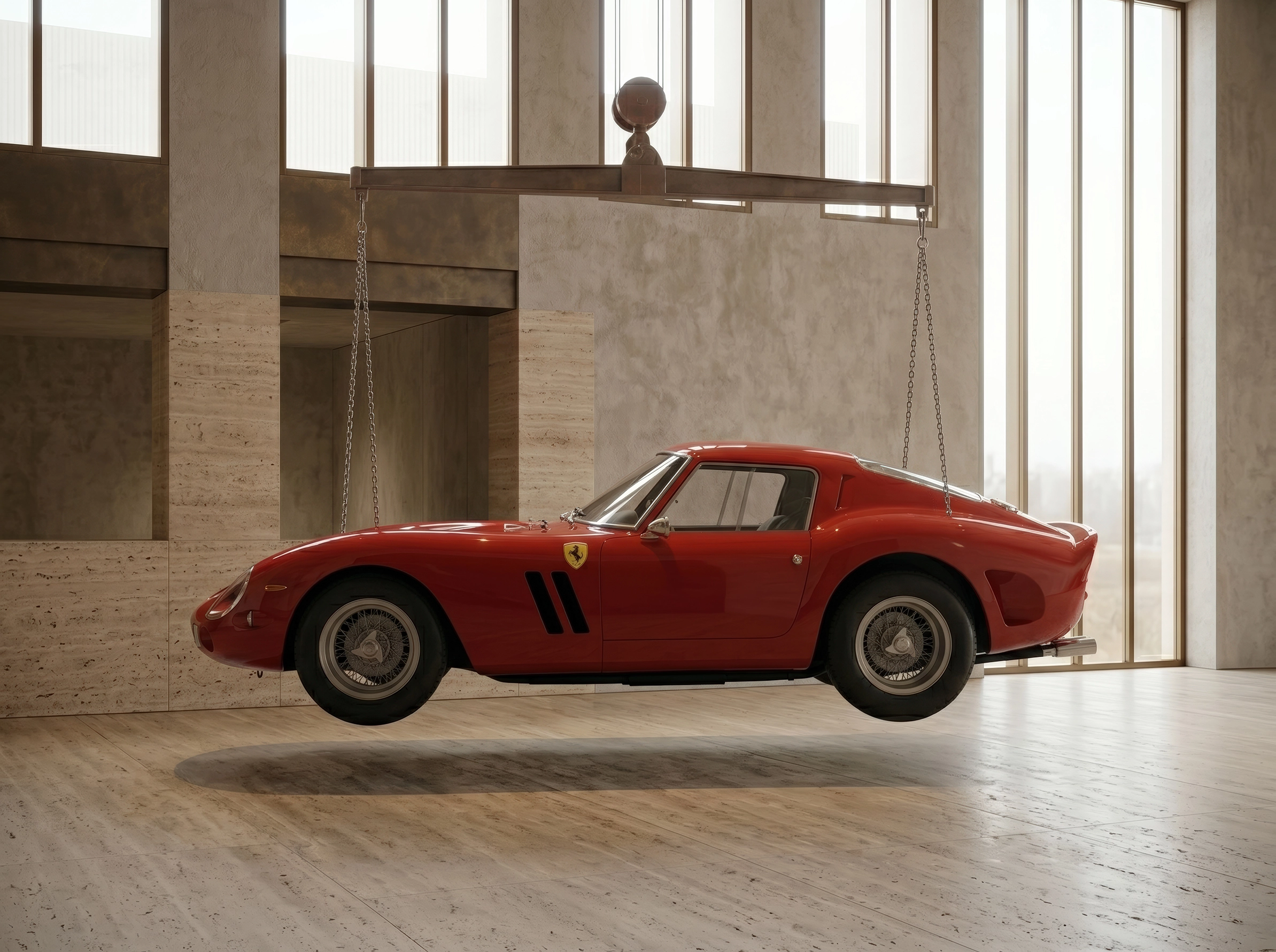 Ferrari 250 GTO Profil Suspension — Ferrari 250 GTO rouge suspendue en vue de profil, architecture sobre, art mural premium