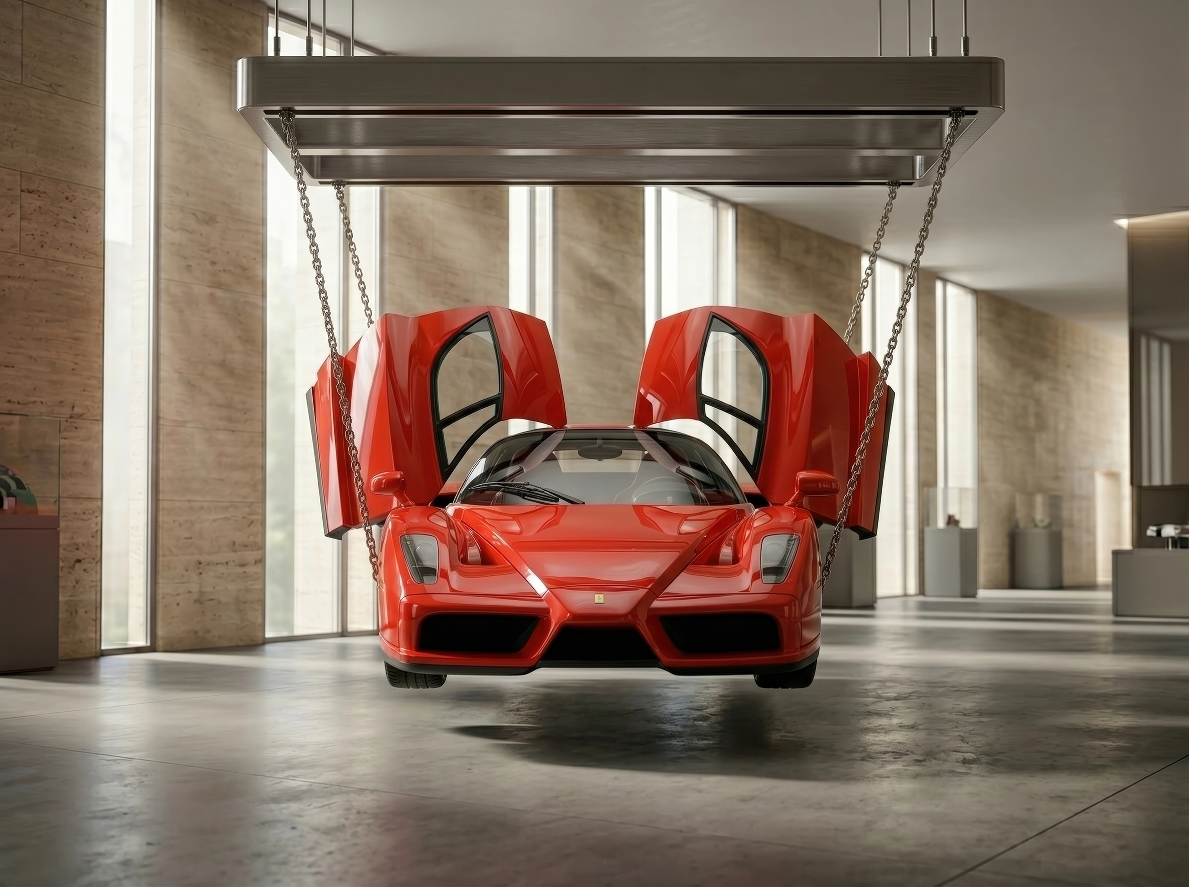 Ferrari Enzo Suspension — Ferrari Enzo rouge suspendue portes ouvertes, esthétique muséale, art mural premium