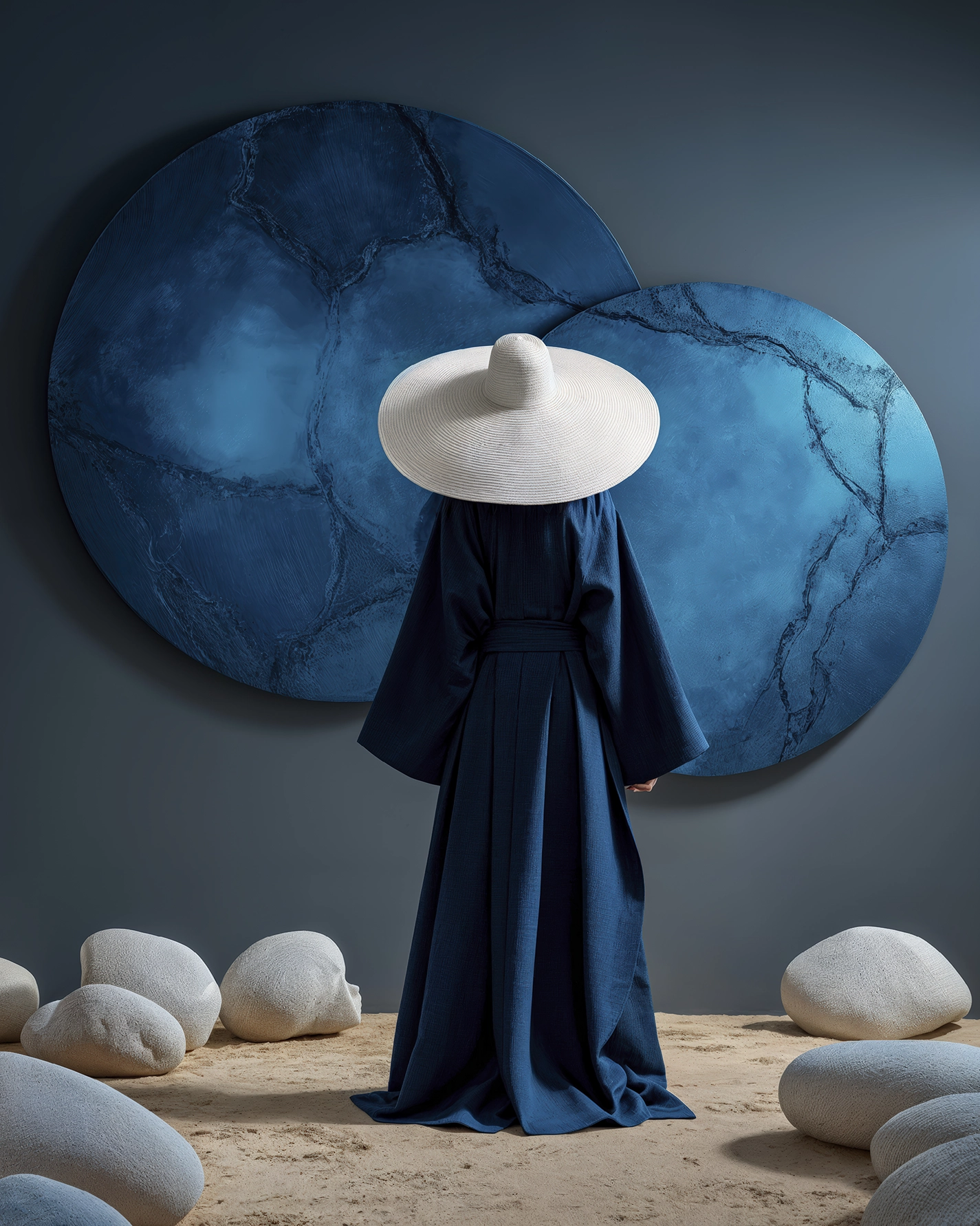 Figures et Formes – Bleu Profond, silhouette bleue face à de grandes formes minérales aux nuances profondes, art mural premium