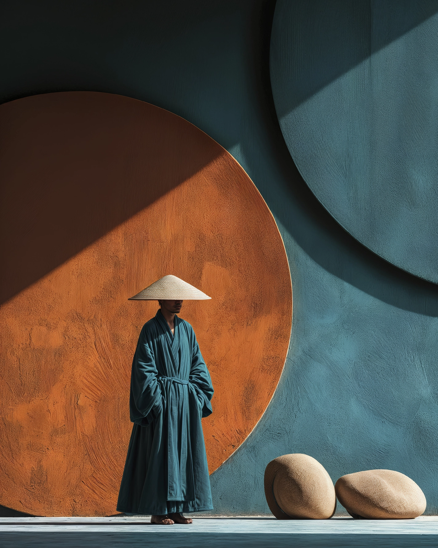 Figures et Formes – Bleu Terracotta, silhouette bleue devant de grandes formes orange et bleues, art mural premium