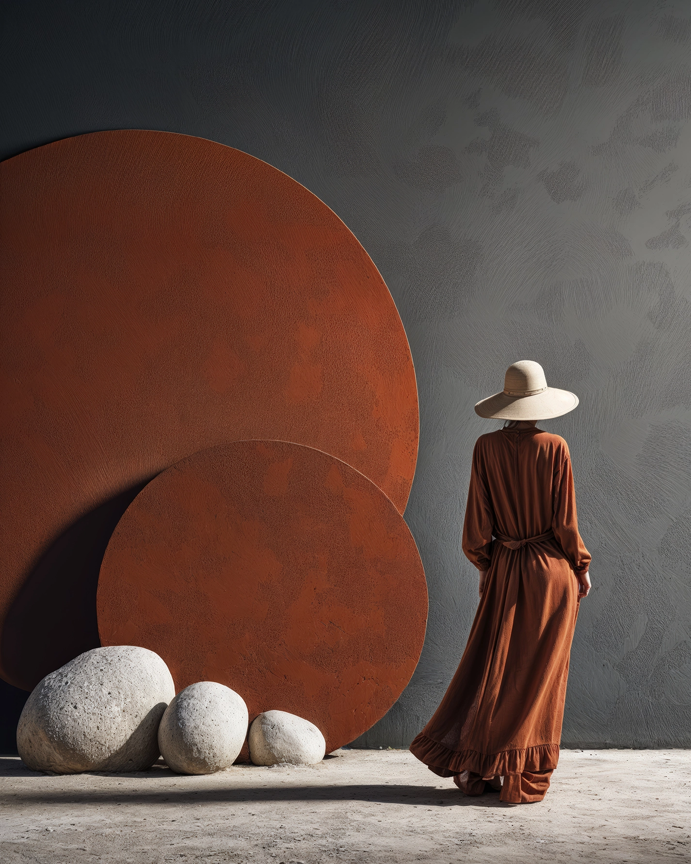 Figures et Formes – Cercle Terracotta, silhouette en tons chauds devant de grandes formes circulaires terracotta, art mural premium