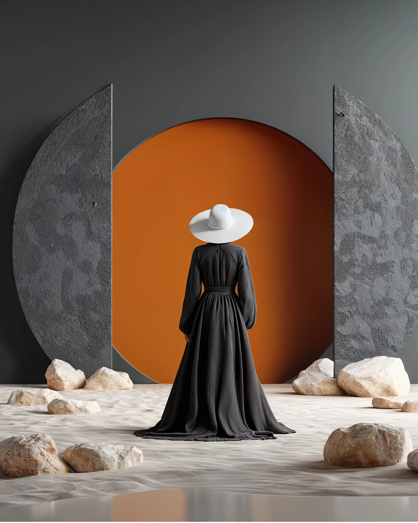 Figures et Formes – Porte Minérale, silhouette noire face à une forme orange encadrée de volumes minéraux gris, art mural premium