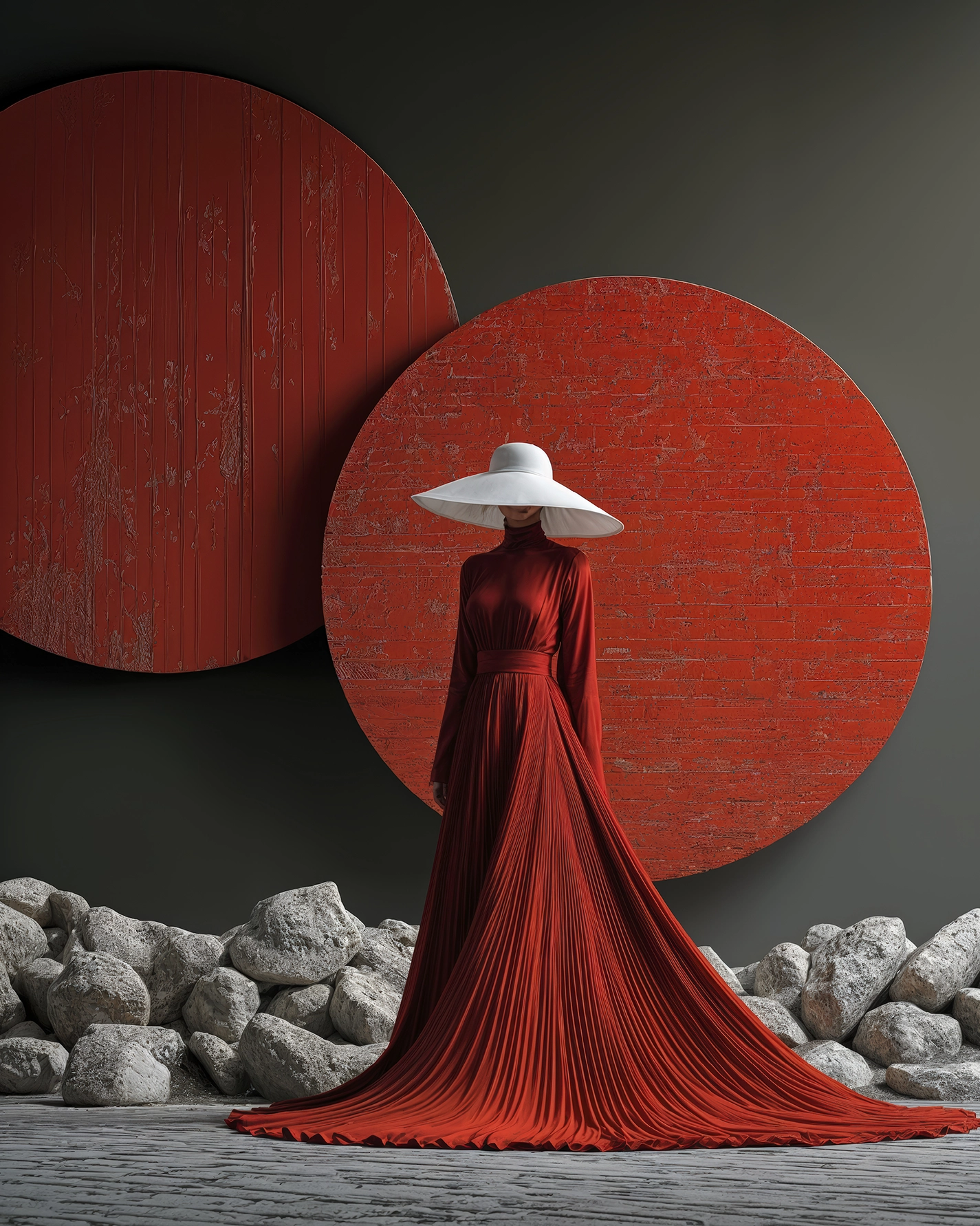 Figures et Formes – Rouge Silence, silhouette rouge devant de grandes formes circulaires texturées, art mural premium