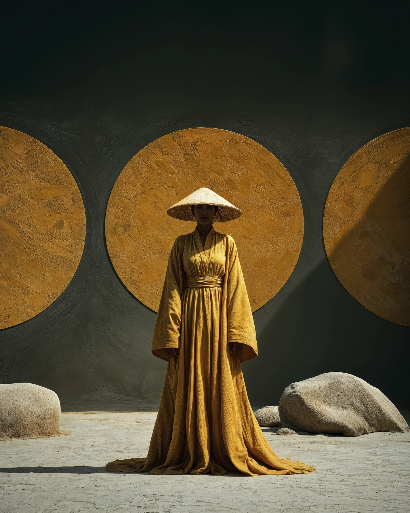 Figures et Formes – Soleil Ocre, silhouette jaune devant de grandes formes circulaires ocres, art mural premium