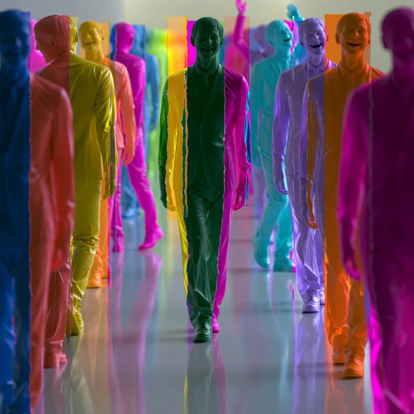 La Foule Chromatique — foule de silhouettes colorées traversées d'aplats transparents aux teintes pop, art mural premium
