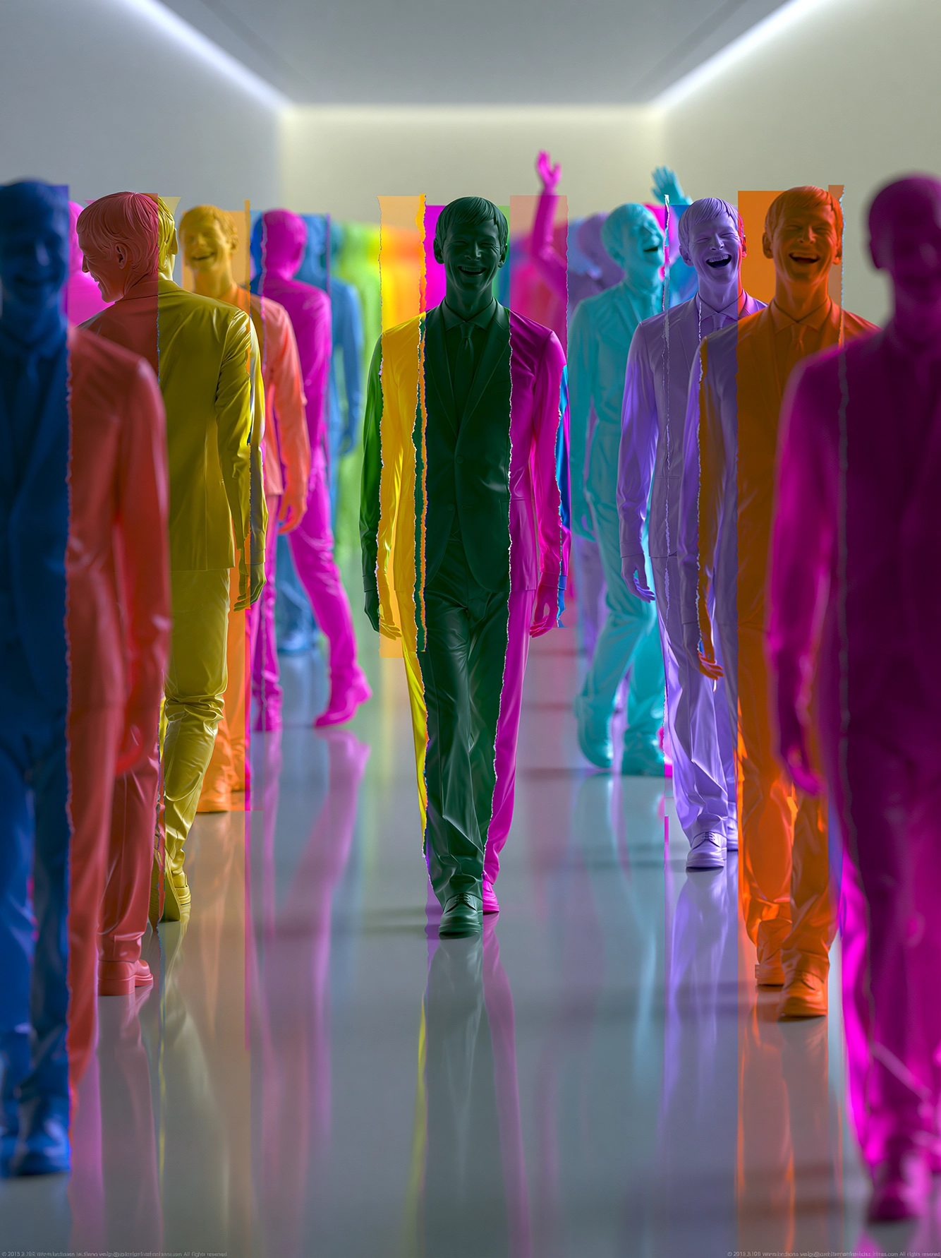 La Foule Chromatique — foule de silhouettes colorées traversées d'aplats transparents aux teintes pop, art mural premium