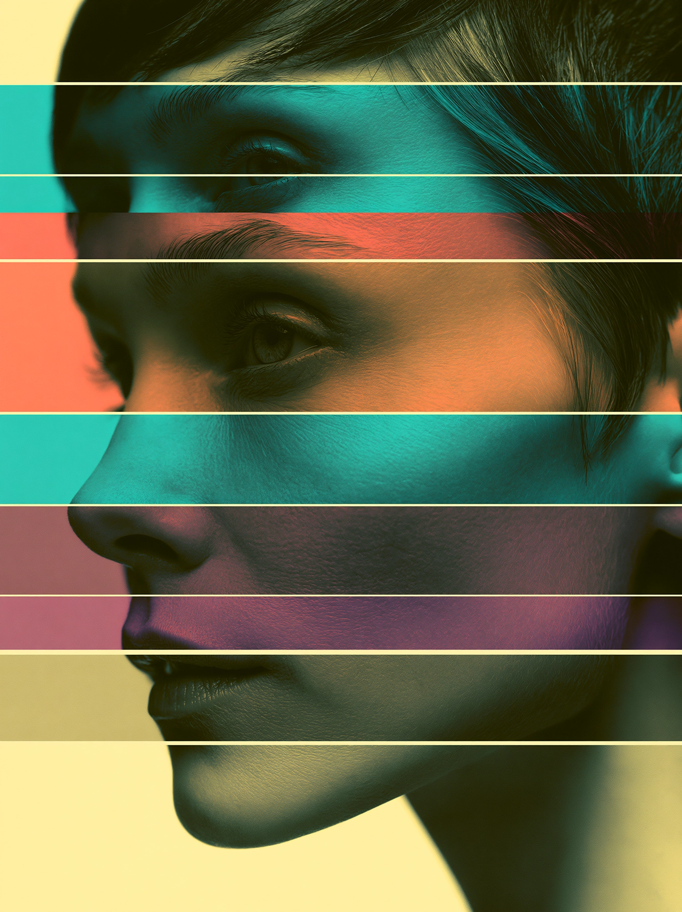 Fragments Chromatiques — portrait féminin fragmenté par des bandes horizontales turquoise, corail et violet, art mural premium