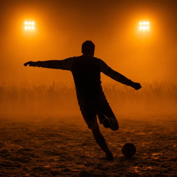 Frappe Décisive — footballeur jambe tendue à l'instant de la frappe, lumière de stade orangée, art mural premium