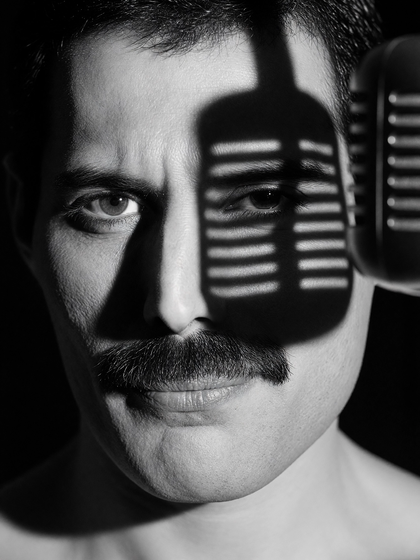 Freddie Mercury — L'Ombre du Micro, visage fusionné avec la silhouette d'un microphone, noir et blanc, art mural premium