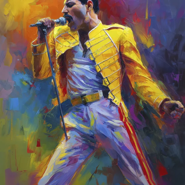 Freddie Mercury Pop Art chantant sur scène dans sa veste jaune emblématique, portrait contemporain aux couleurs vives inspiré de la peinture expressive.