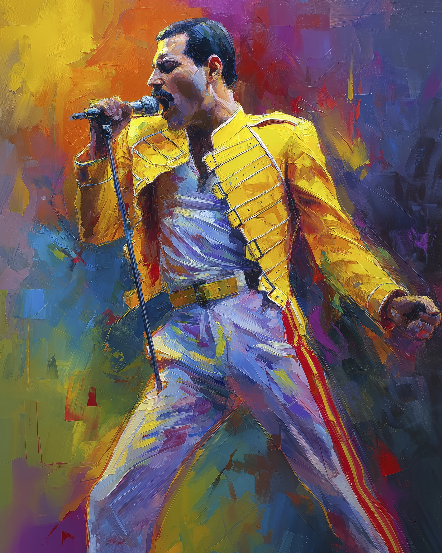 Freddie Mercury Pop Art chantant sur scène dans sa veste jaune emblématique, portrait contemporain aux couleurs vives inspiré de la peinture expressive.