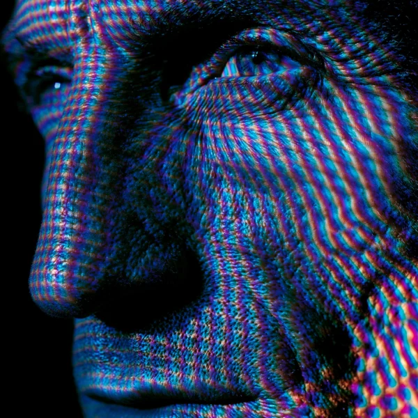 Fréquence Humaine — visage masculin en surface vibrante de lignes rouge, bleu et violet, illusion optique, art mural premium