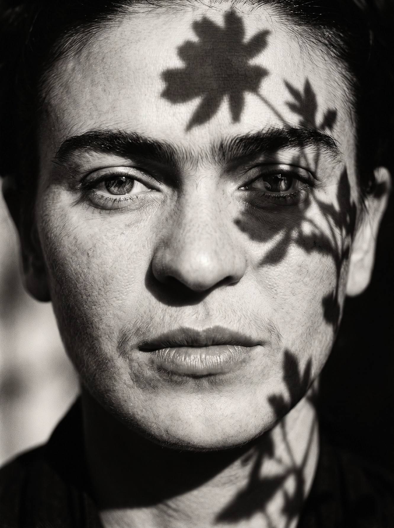 Frida Kahlo — Fleurs d'Ombre, portrait frontal avec végétation formant un masque naturel, noir et blanc, art mural premium