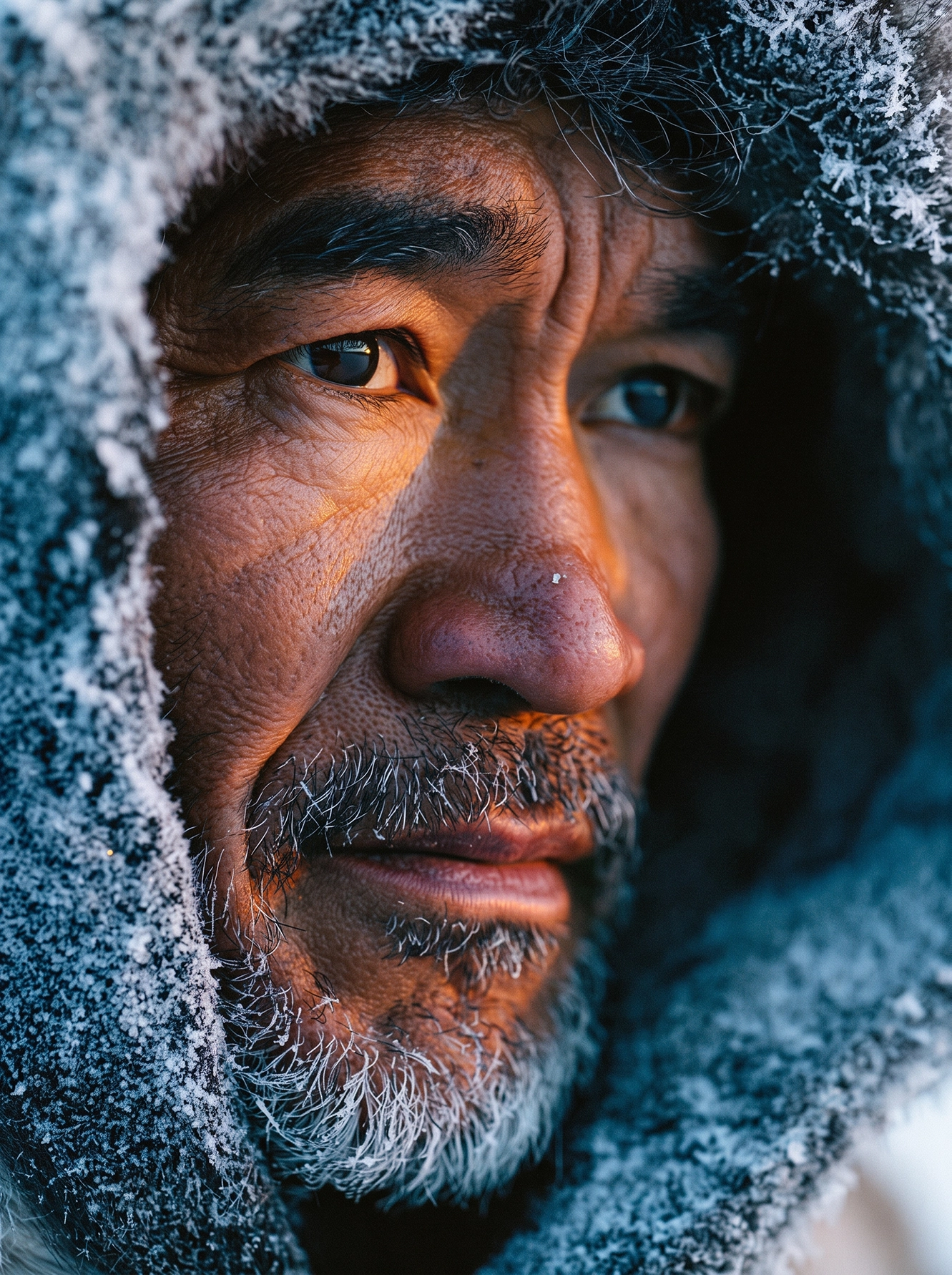 Gardien des Glaces — portrait d'un homme des régions polaires, lumière hivernale et givre, regard intense, art mural premium