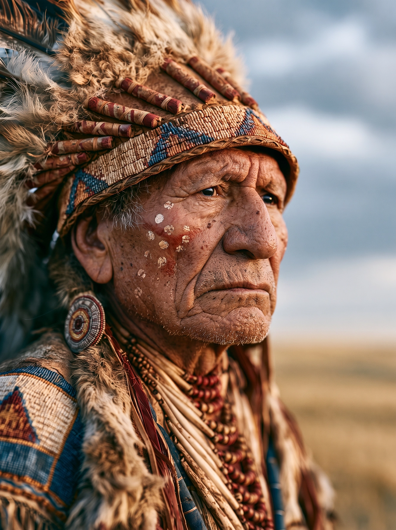 Gardien des Grandes Plaines — portrait d'un ancien amérindien aux parures traditionnelles, regard intense, art mural premium