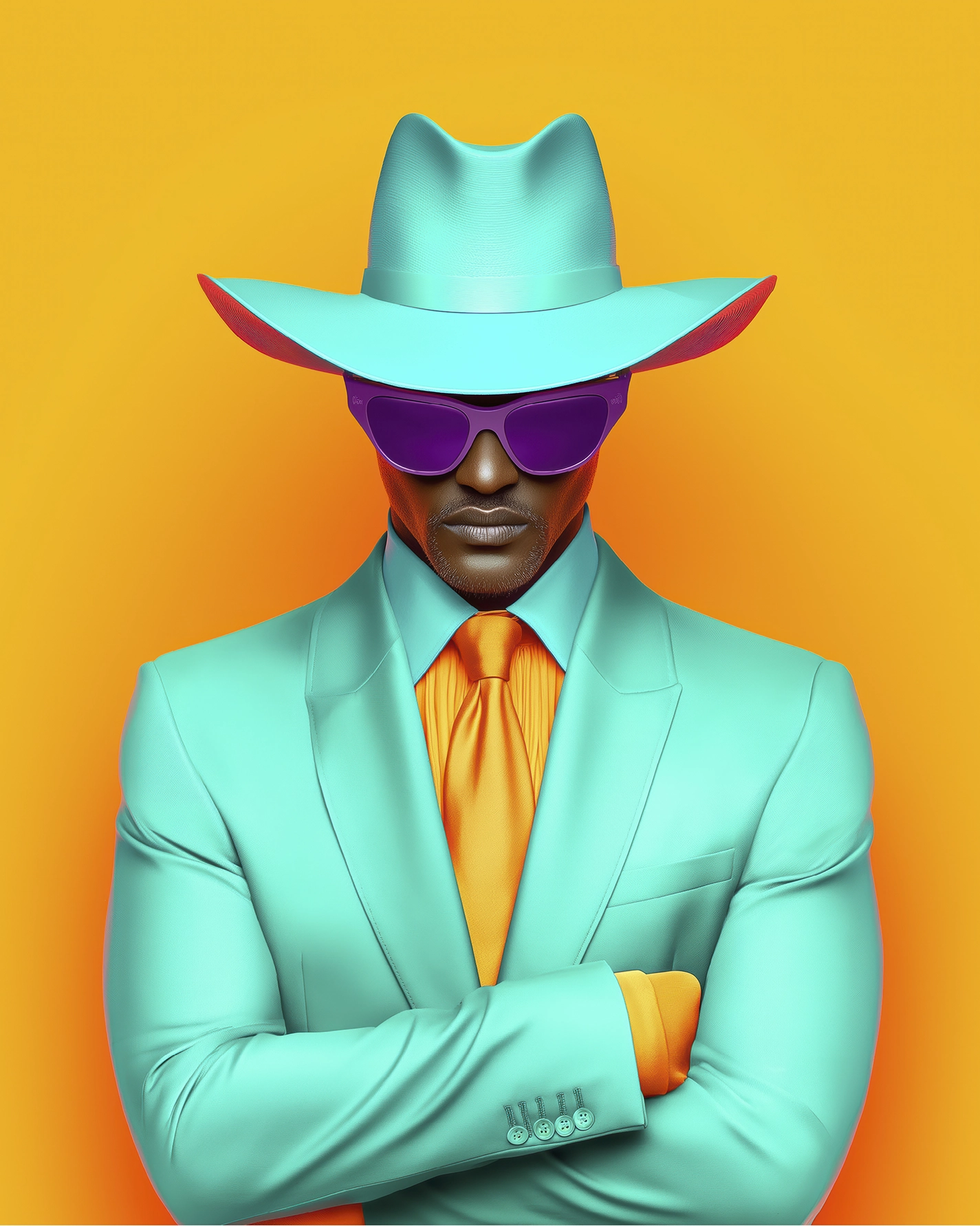 Gentleman Turquoise — homme élégant en costume et chapeau turquoise sur fond orange, art mural premium