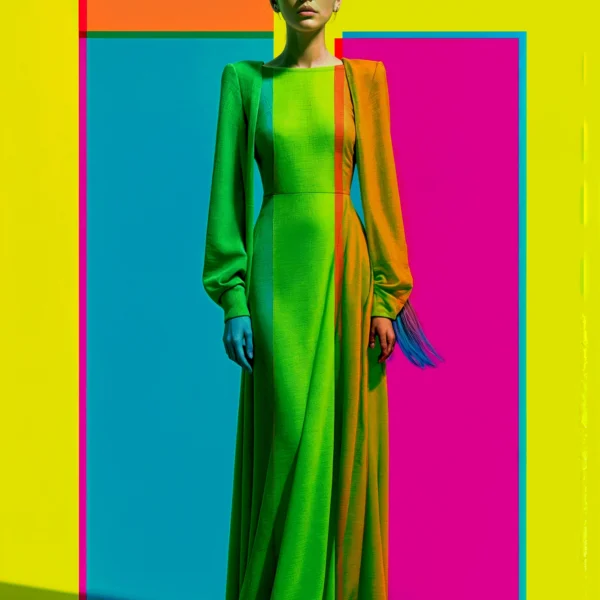 Géométrie Vive — femme en robe verte devant de grands aplats géométriques fluorescents, art mural premium