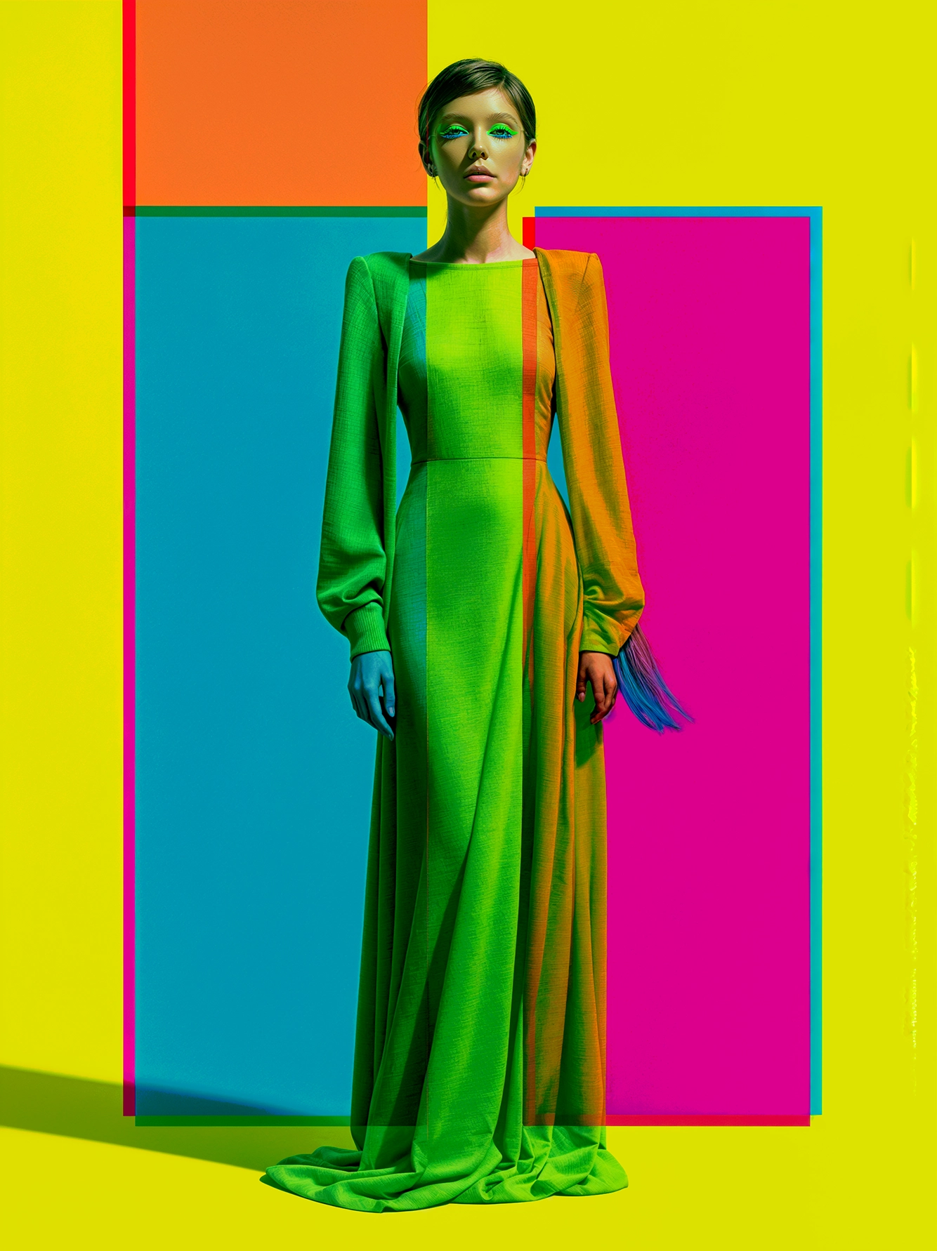 Géométrie Vive — femme en robe verte devant de grands aplats géométriques fluorescents, art mural premium