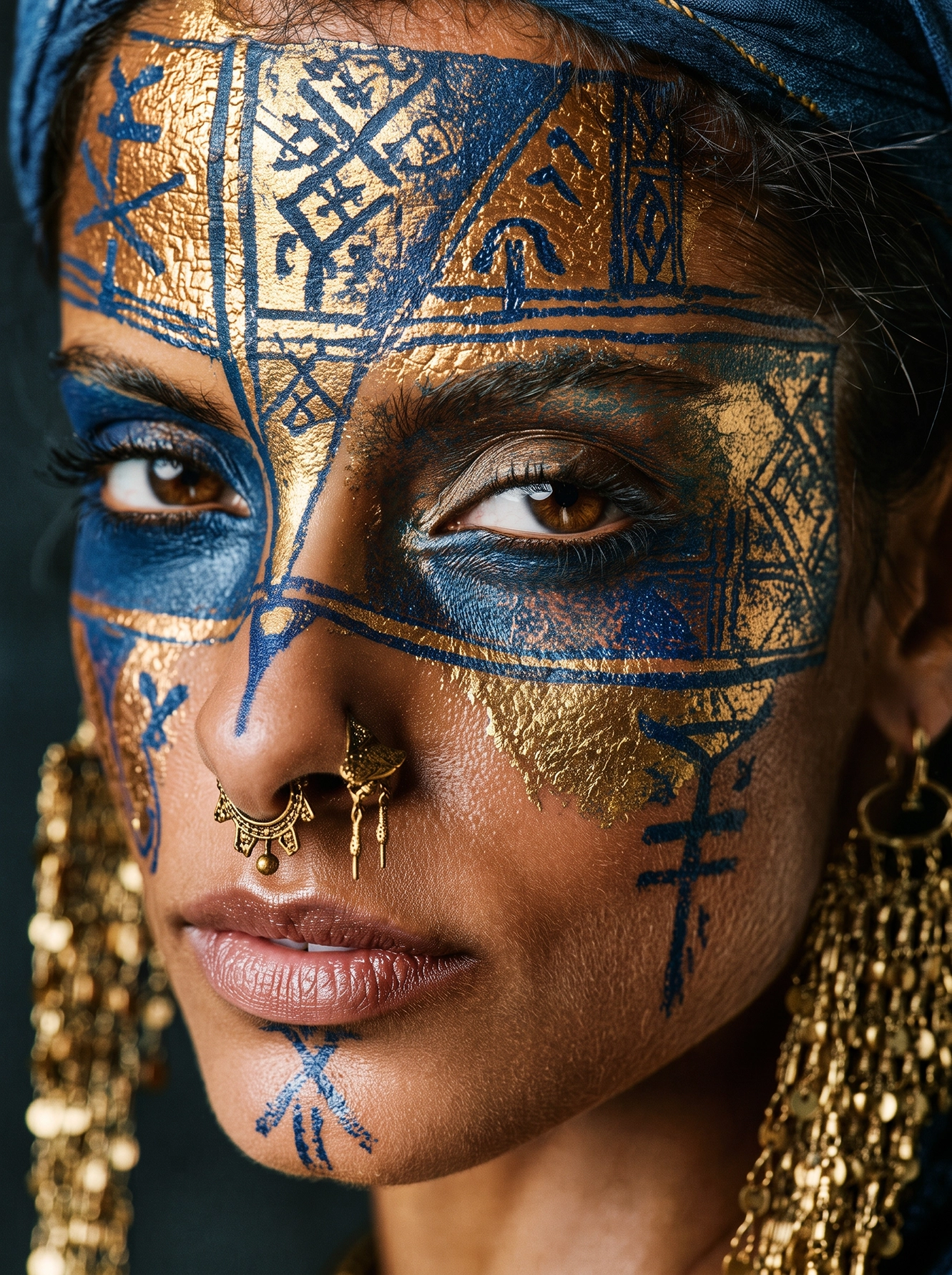 Glyphes Célestes — maquillage graphique bleu cobalt et dorures, signes symboliques anciens, art mural premium