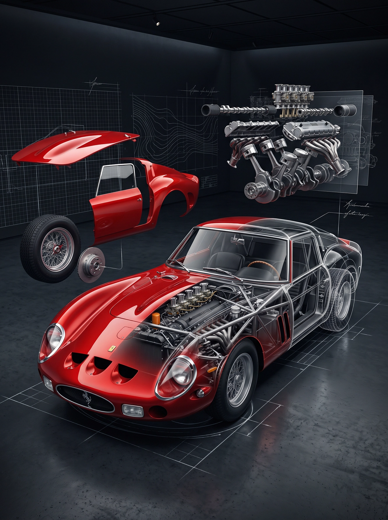 GTO Anatomy — Ferrari 250 GTO en vue éclatée, structure tubulaire et moteur V12, art mural premium