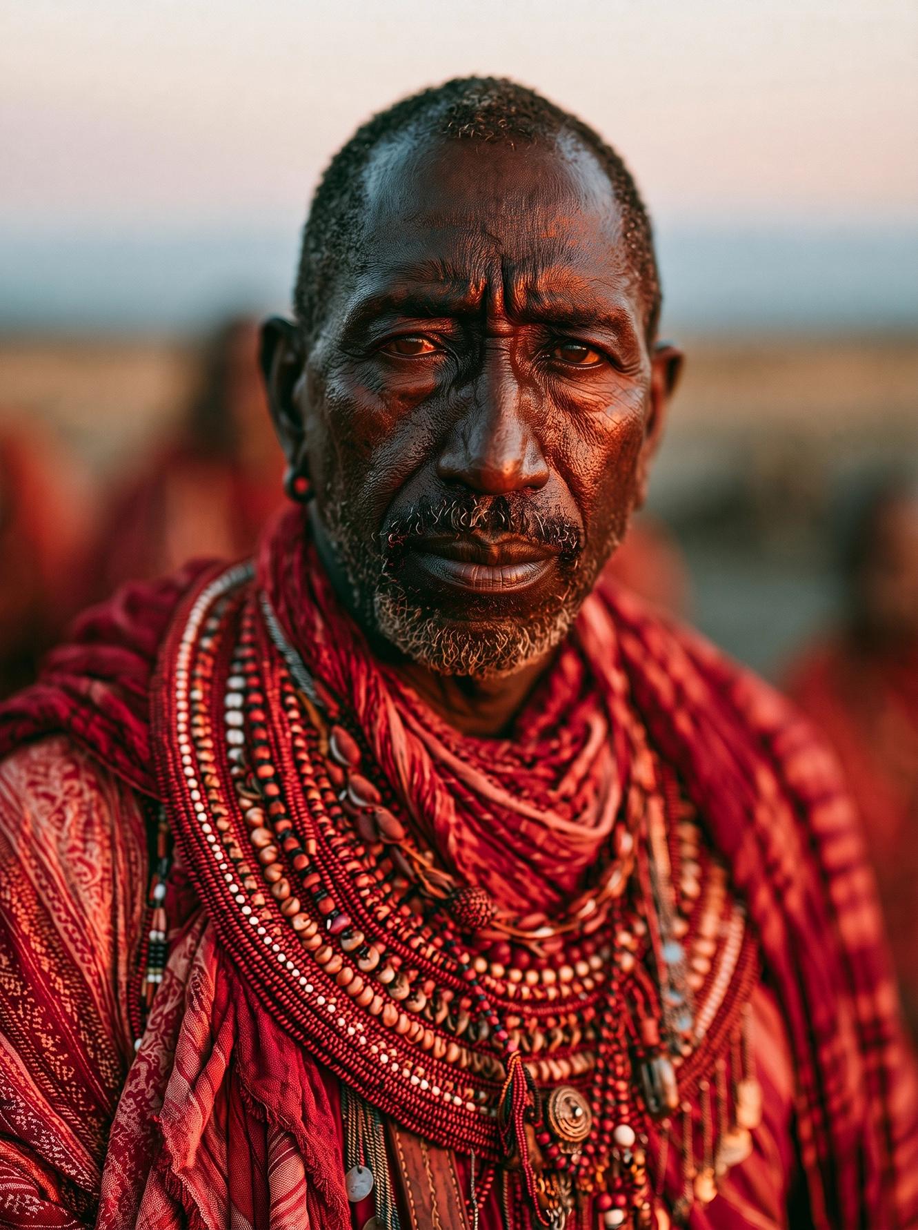 Guerrier des Terres Rouges — portrait d'un homme des peuples d'Afrique de l'Est aux étoffes rouges et colliers traditionnels, art mural premium