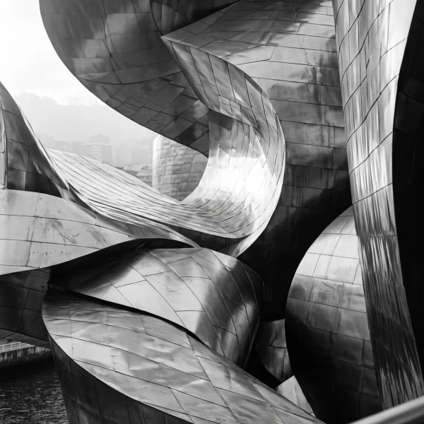 Guggenheim Bilbao Courbes — architecture ondulante en titane du musée Guggenheim, noir et blanc, art mural premium