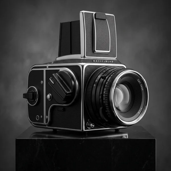 Hasselblad 500C/M Précision — appareil photo moyen format mythique, boîtier modulaire et détails mécaniques, noir et blanc, art mural premium