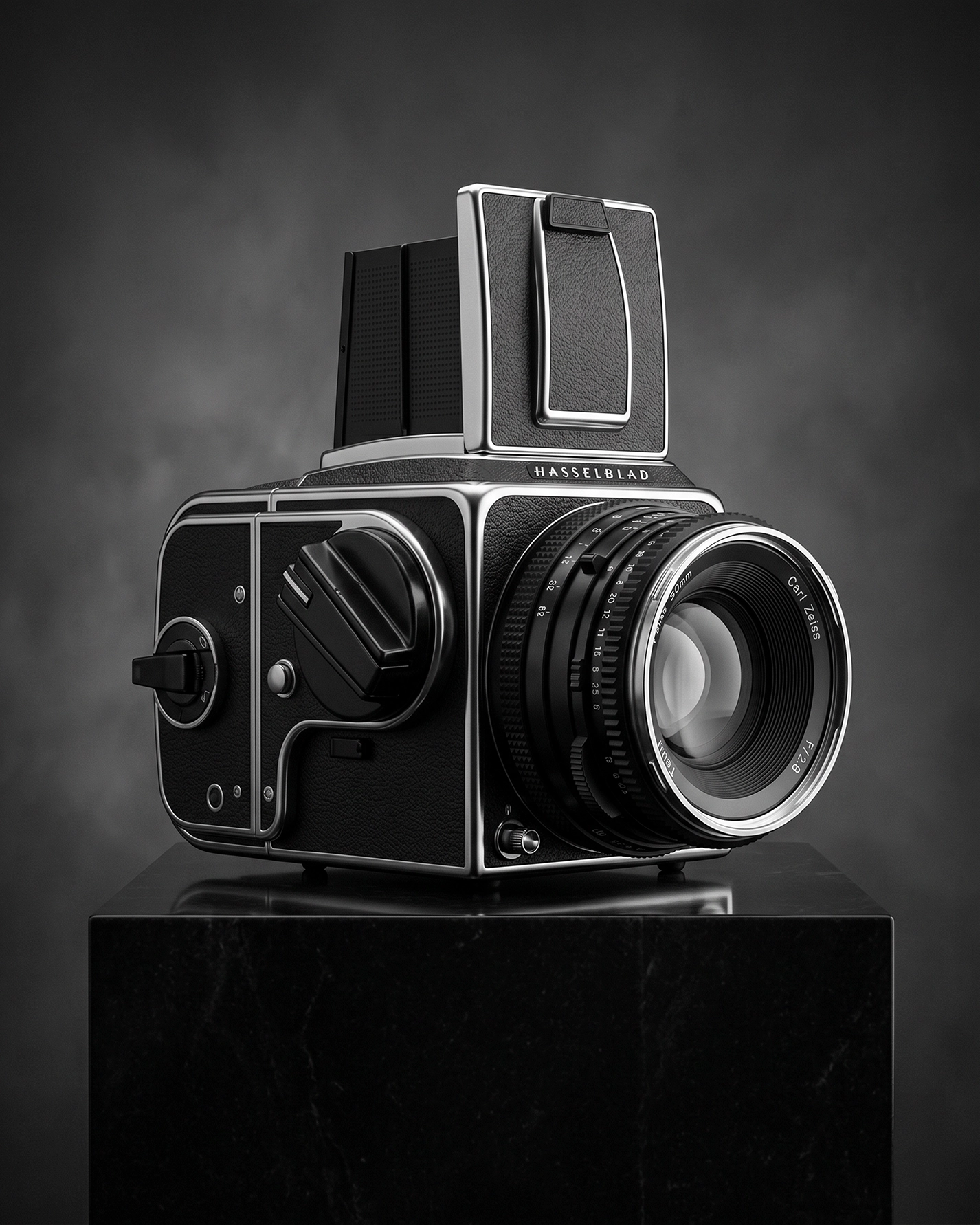 Hasselblad 500C/M Précision — appareil photo moyen format mythique, boîtier modulaire et détails mécaniques, noir et blanc, art mural premium