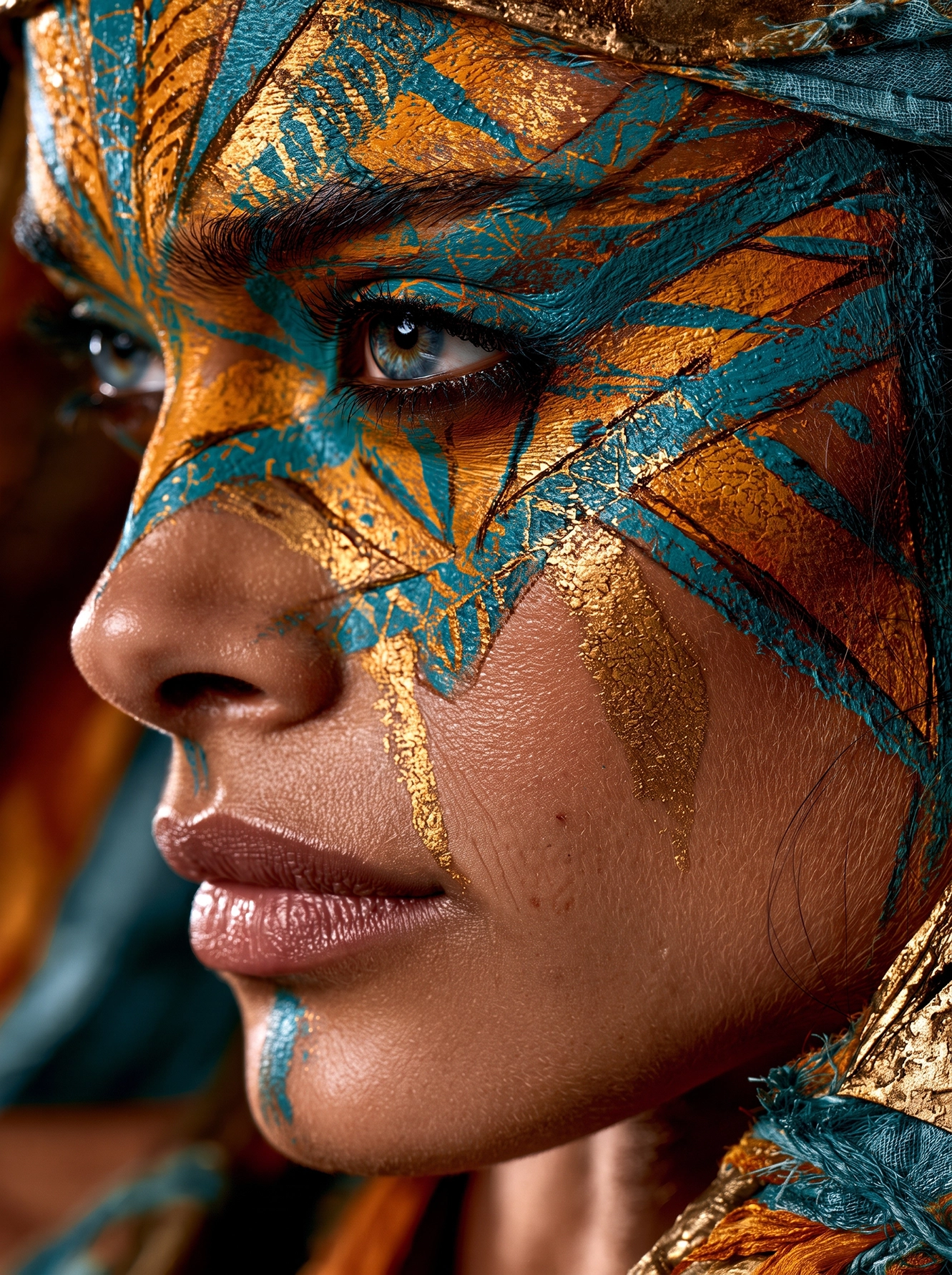 Héritage Tribal — maquillage graphique aux teintes cuivrées et vert émeraude, art mural premium