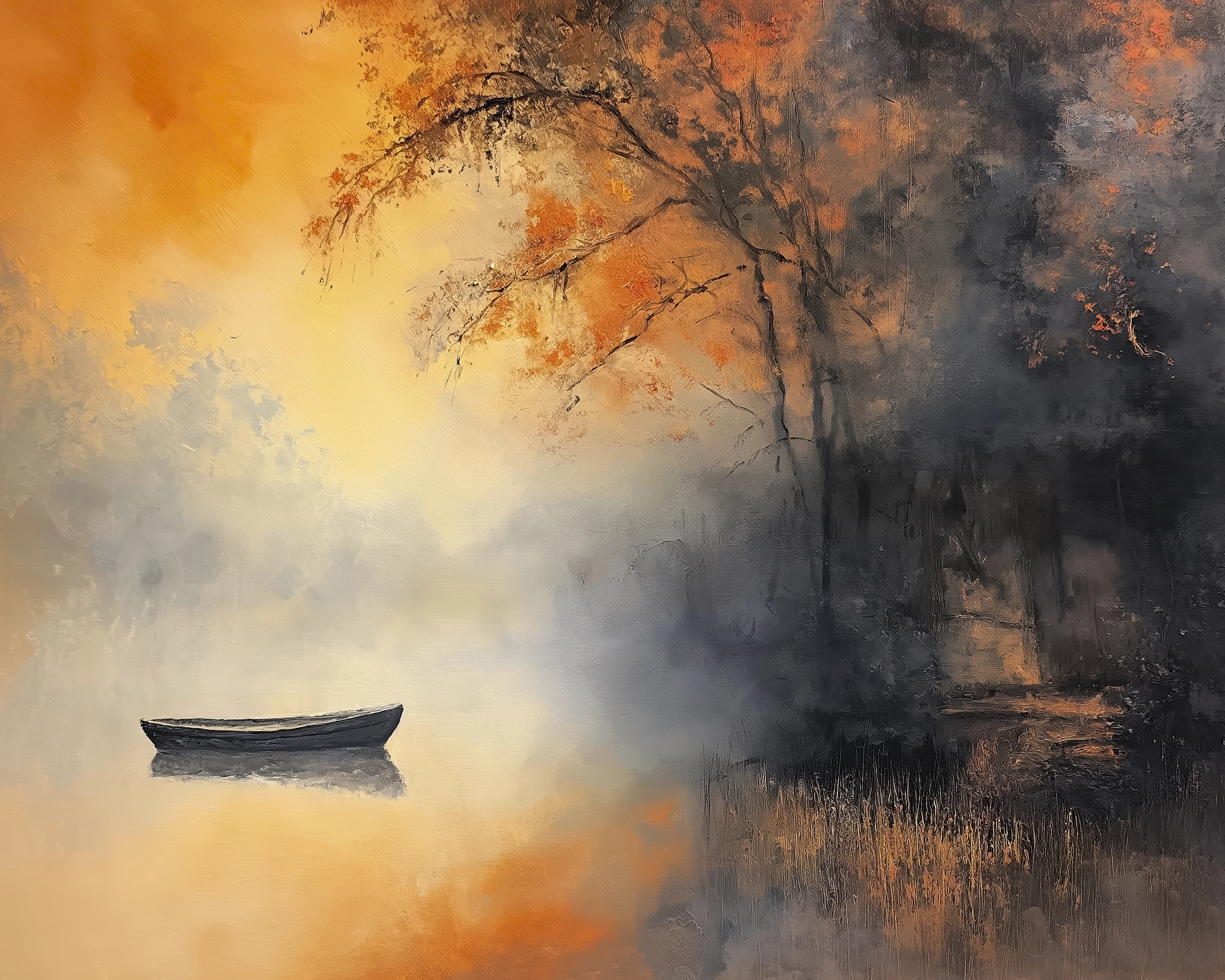 Hommages — Brume Dorée, barque solitaire sur eau immobile hommage à Claude Monet, art mural premium